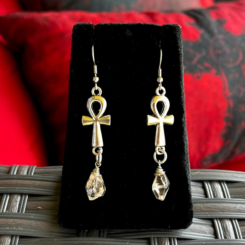 Herkimer diamonds anhks egyptian crosses earrings stainless steel post crystals - Picture 7 of 12
